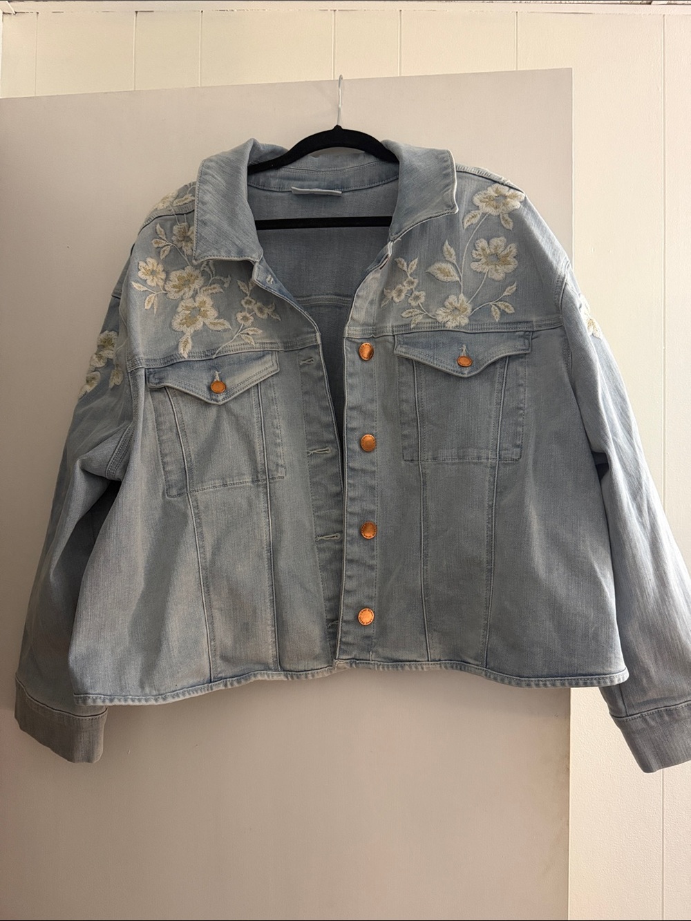 Lane Bryant Light Blue Denim Jacket with White Floral Embroidery